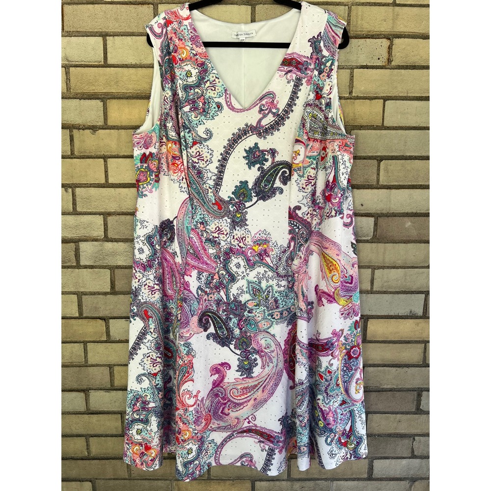Sandra Darren Paisley V-Neck Sleeveless A-Line Dress White Multi Size 20W